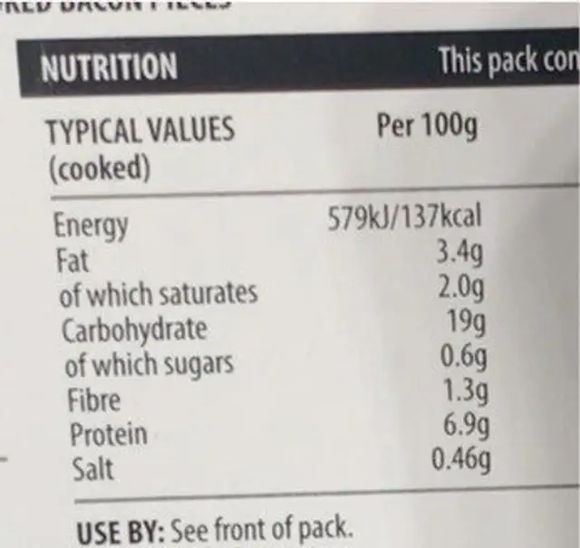 Carbonara pasta bake nutrition facts table