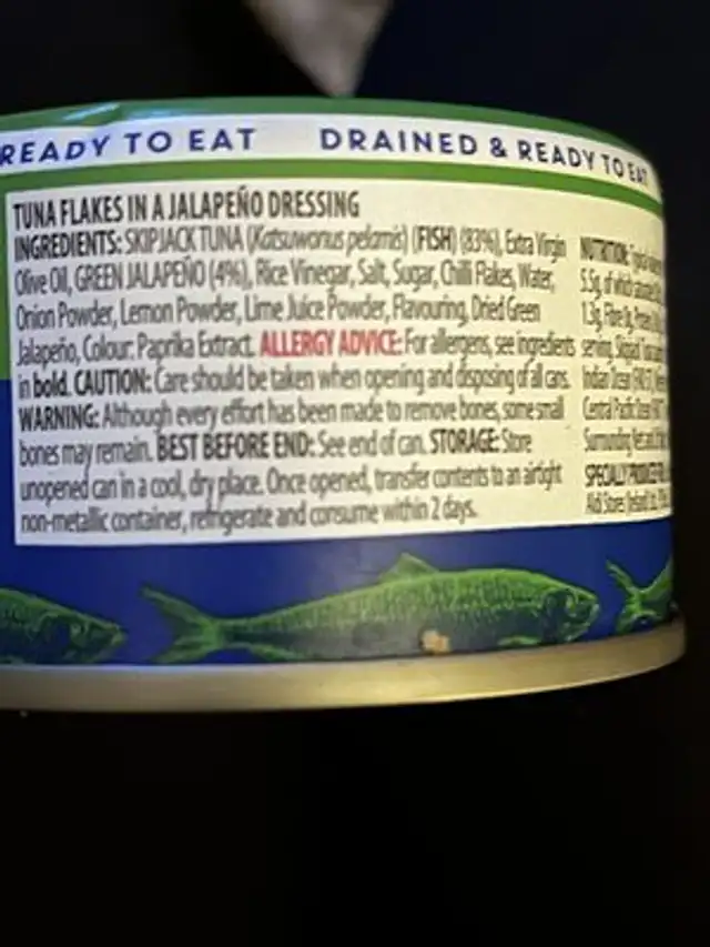 Fusions tuna ingredients label