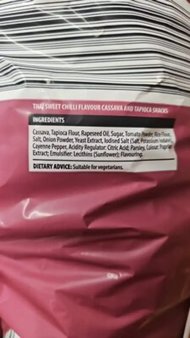Satin crunch thai sweet chilli flavour ingredients label
