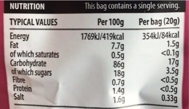 Satin crunch thai sweet chilli flavour nutrition facts table