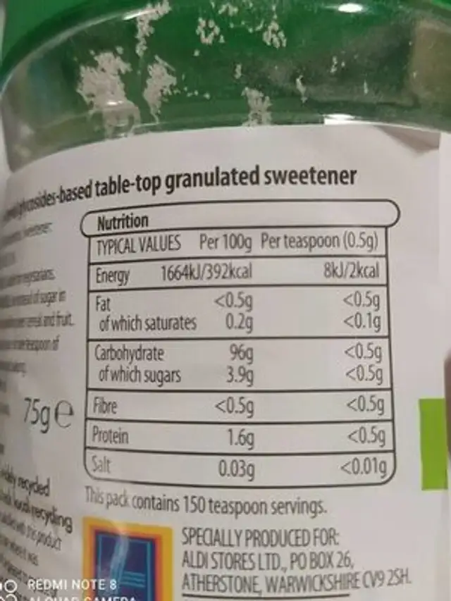 Sweeteners stevia nutrition facts table