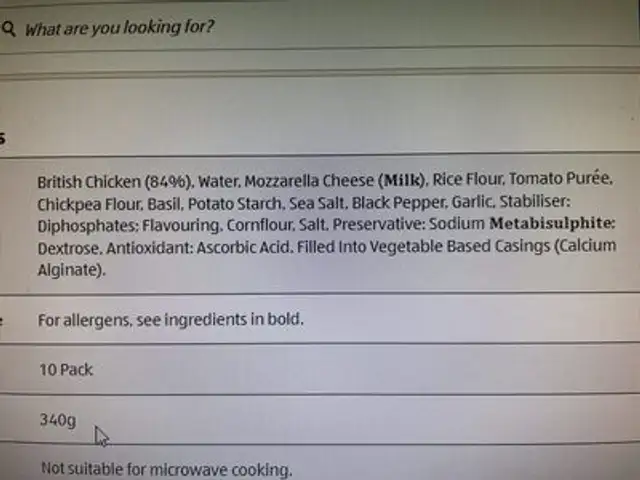 Chicken Chipolata Sausages ingredients label