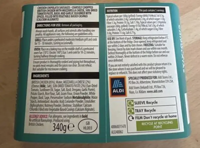 Chicken Chipolata Sausages nutrition facts table