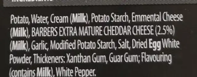 4 Dauphinoise potato ingredients label
