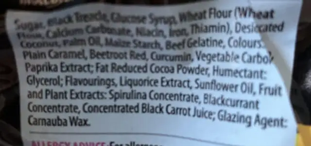 Liquorice allsorts ingredients label