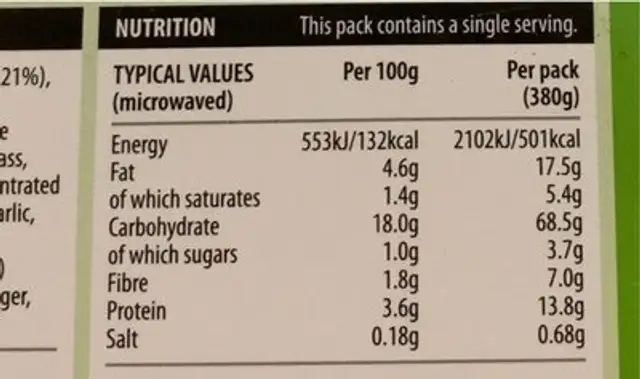 Thai Green Veg Curry nutrition facts table