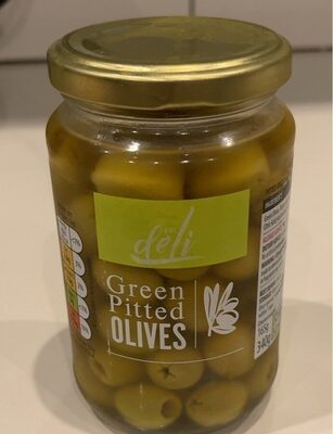Deli Green Pitted Olives front packaging