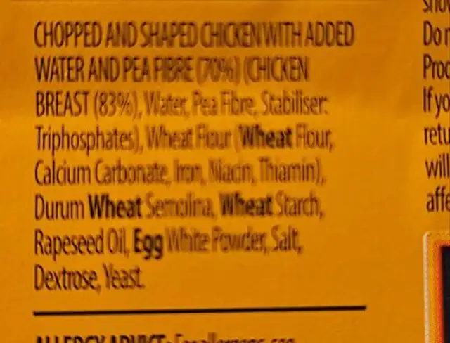 Chicken Burgers ingredients label