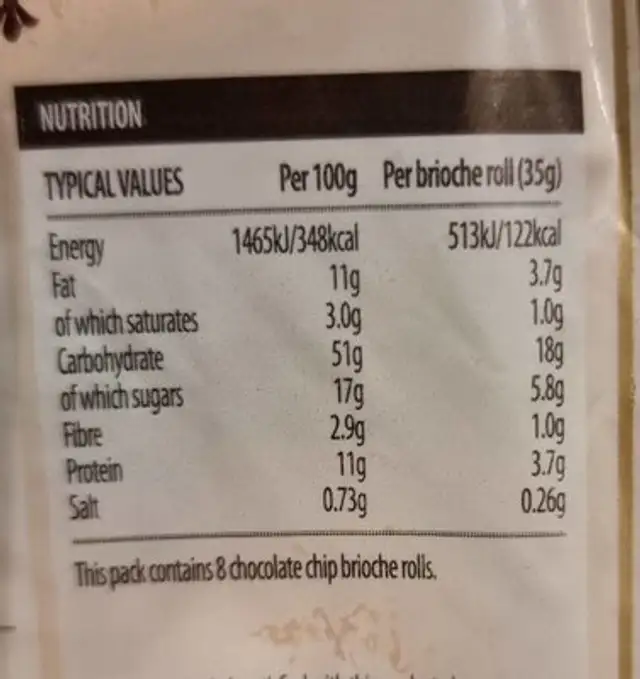Vegan chocolate chip brioche rolls nutrition facts table