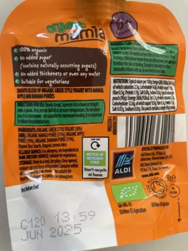 Mango Greek style yogurt ingredients label