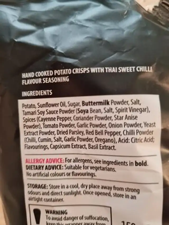 Thai Sweet Chilli crisps ingredients label