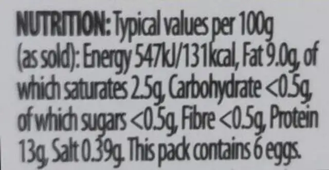 Scottish Organic Eggs nutrition facts table