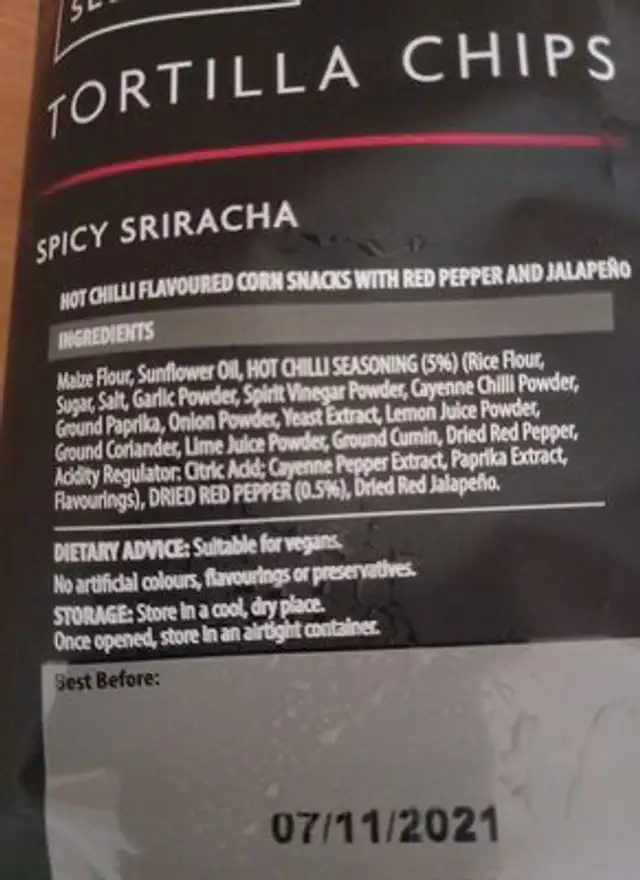 Spicy sriracha ingredients label