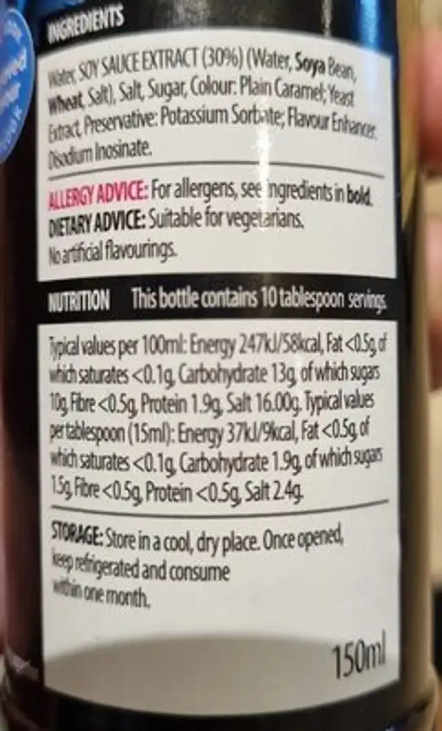 Light soy sauce nutrition facts table