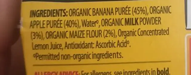 Organic mamia banana custard ingredients label