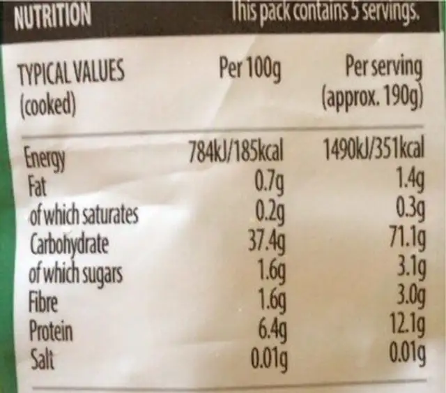 Conchiglie nutrition facts table