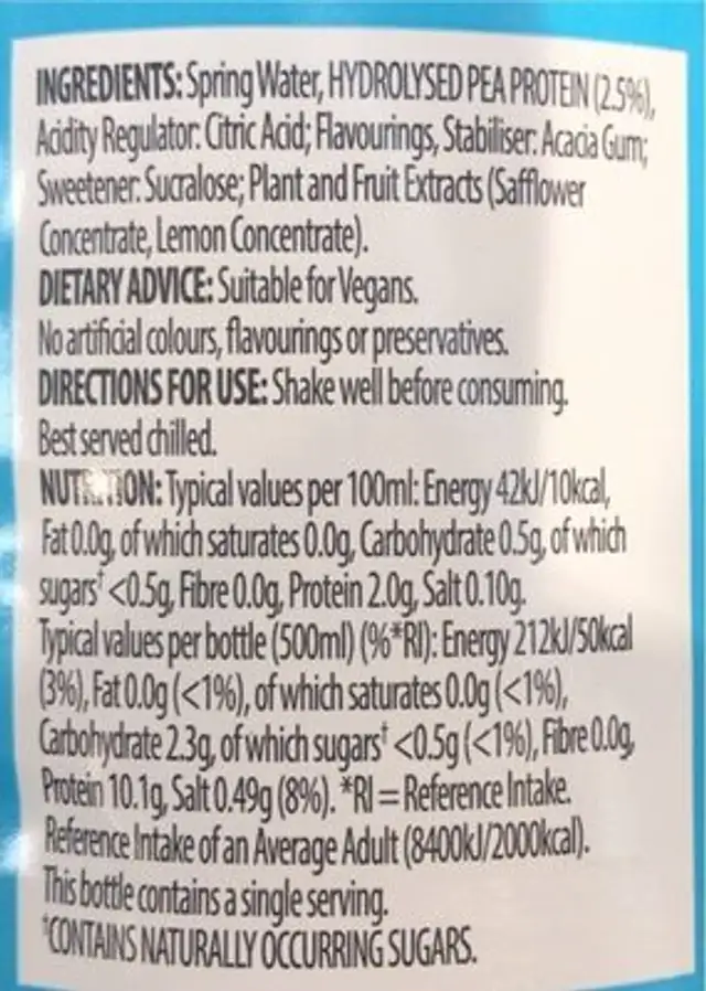 Protein Water nutrition facts table