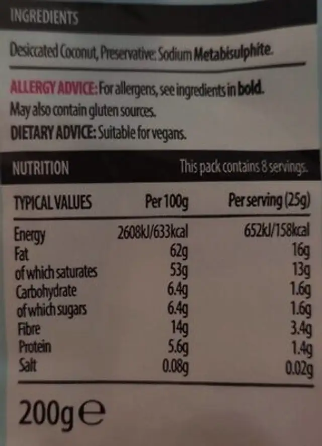 Desiccated coconut nutrition facts table