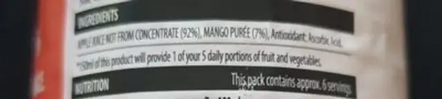 100% Pressed Apple and Mango Juice ingredients label