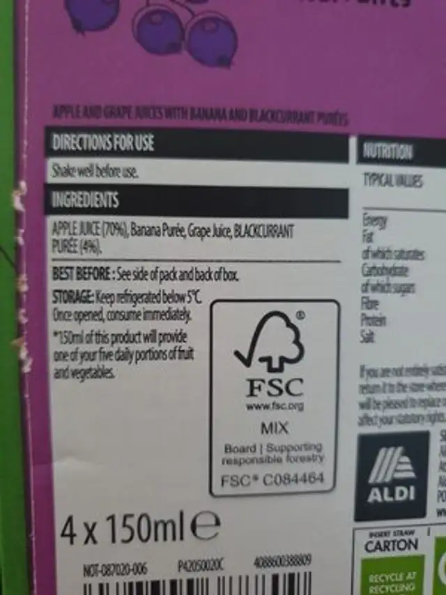 100% Fruit smoothies ingredients label