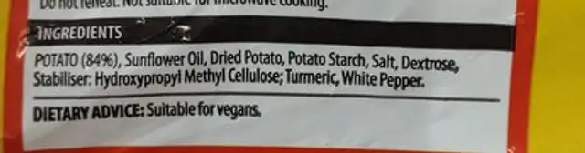 Alphabet Potato Letters ingredients label