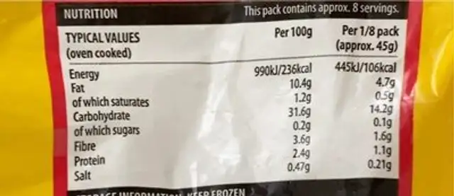 Alphabet Potato Letters nutrition facts table