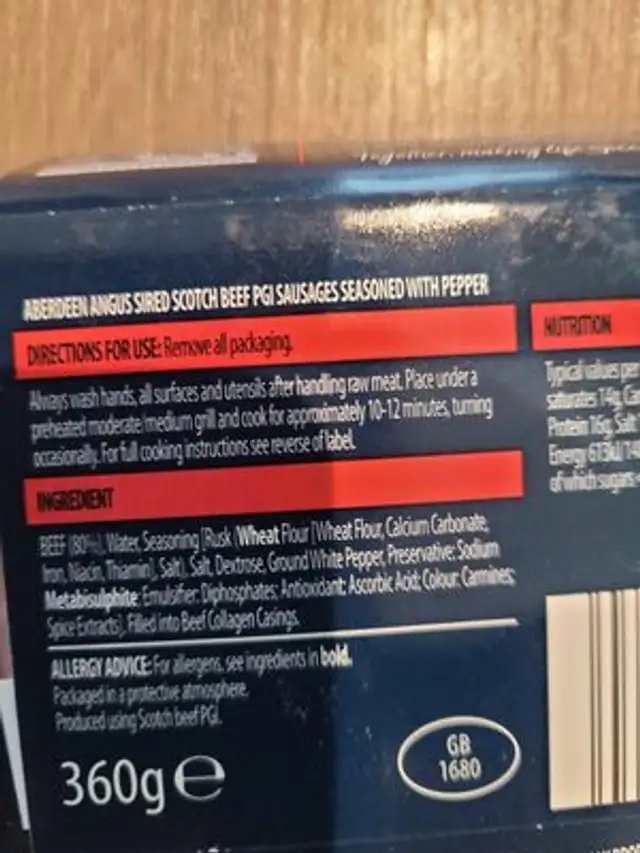 scotch aberdeen angus beef sausages ingredients label
