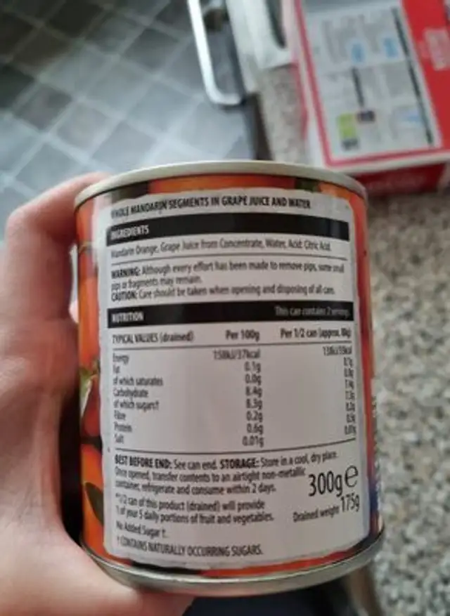 Sweet Mandarin Segments in juice ingredients label