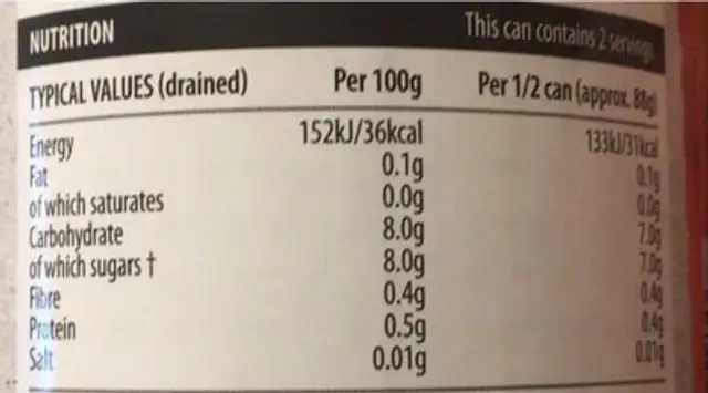 sweet mandarin segments in juice nutrition facts table