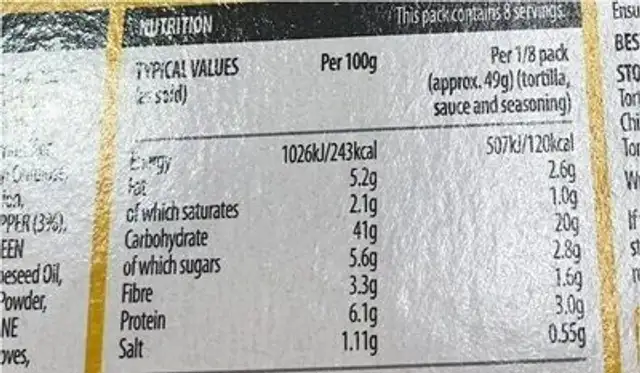 Taco bowl dinner kit nutrition facts table