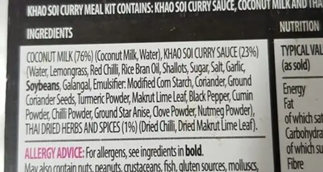 Khao soi coconut curry kit ingredients label