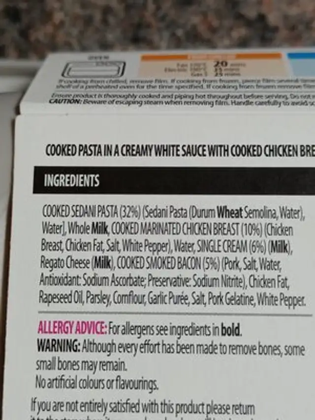 Chicken and Bacon Pasta Bake ingredients label