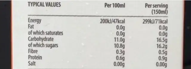 100% Pressed orange and mango juice nutrition facts table