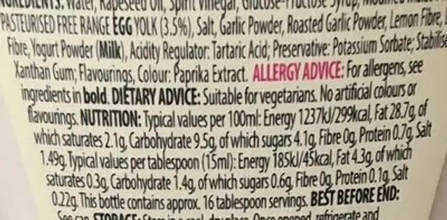 BRAMWELLS ROASTED GARLIC MAYO 136788 Amounts per t nutrition facts table