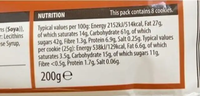 Half Coated Choc Chunk Cookies nutrition facts table