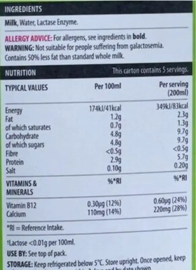 Lactose free milk nutrition facts table