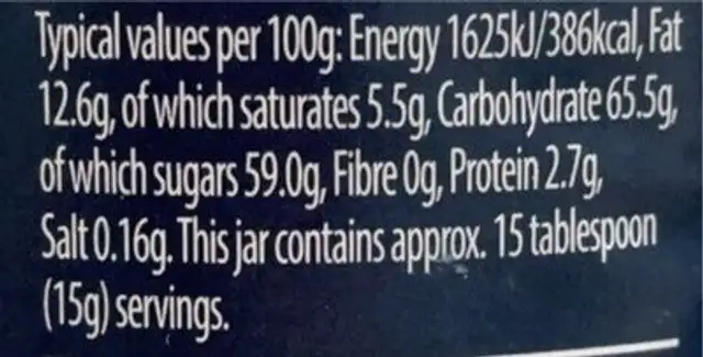 White Chocolate and Vanilla Spread nutrition facts table