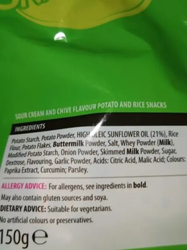sour cream and chive snacks ingredients label