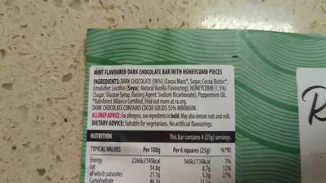 Dark mint crisp chocolate ingredients label