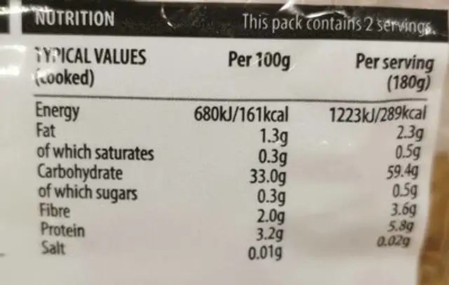 Brown rice pasta nutrition facts table