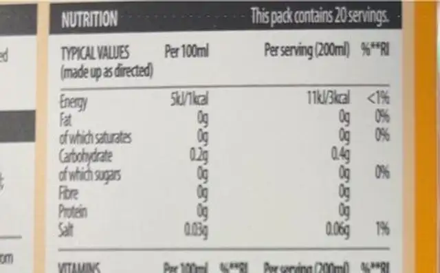 Immune with vitamin C - tea nutrition facts table