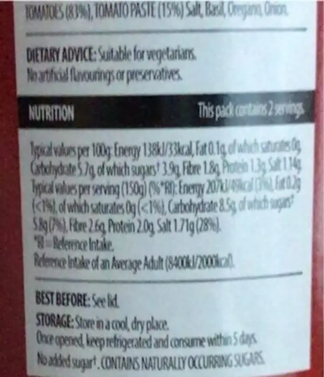 Cucina pizza sauce nutrition facts table