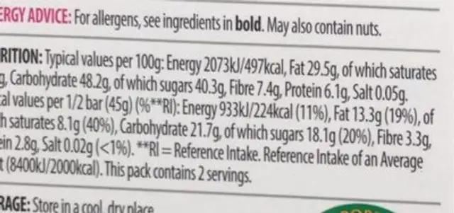 Chicolate nutrition facts table