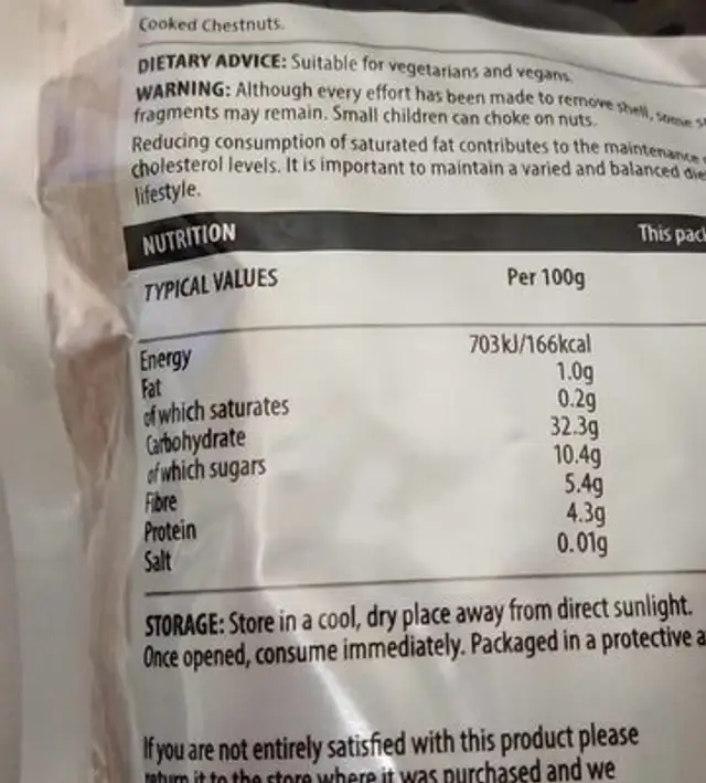 Whole Chestnuts nutrition facts table