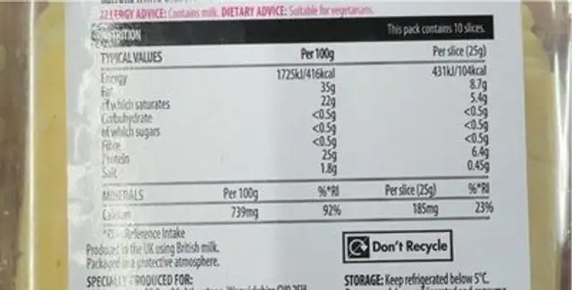 British Mature Cheddar Slices nutrition facts table