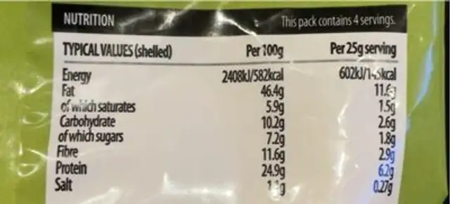 Roasted & Salted pistachios nutrition facts table