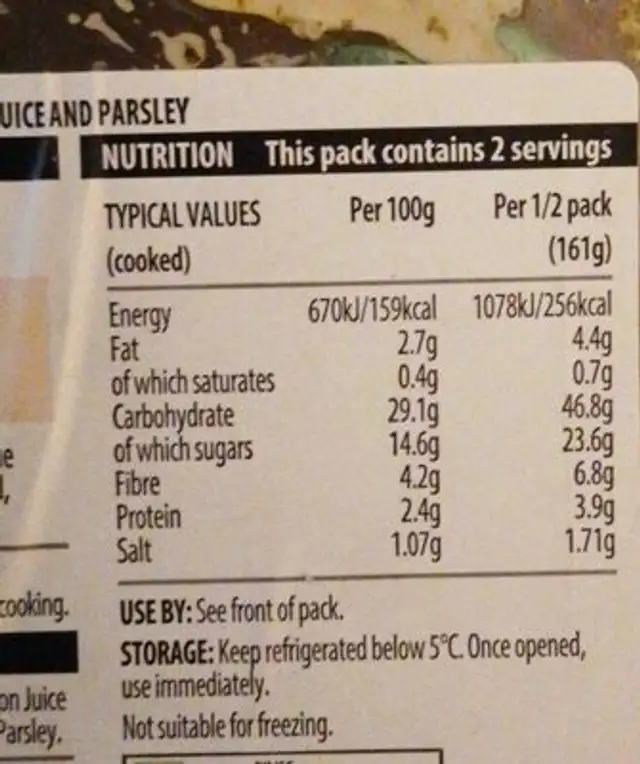 Herby Sweet Potato Wedges nutrition facts table