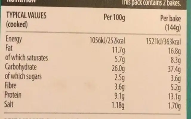 No Sausage Bean & Vegan Melt Bakes nutrition facts table
