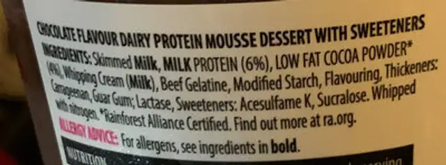 Protein Mousse Chocolate Flavour ingredients label