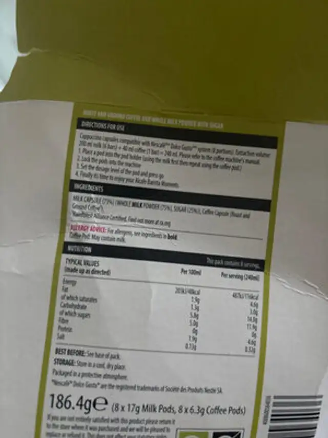 Alcafe Cappucino ingredients label